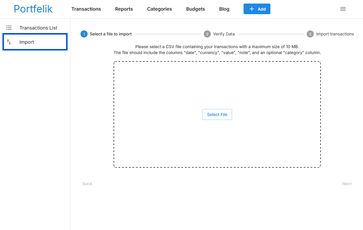 Transaction import tool interface in Portfelik application