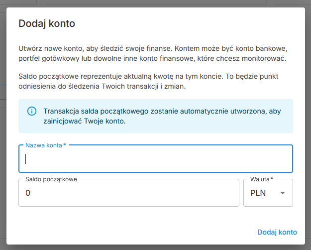 Okno dialogowe dodawania nowego konta w Portfeliku