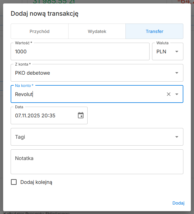 Dodawanie transferu między kontami w Portfeliku