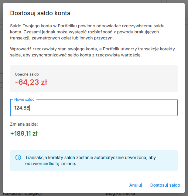 Funkcja dostosowania salda konta w Portfeliku