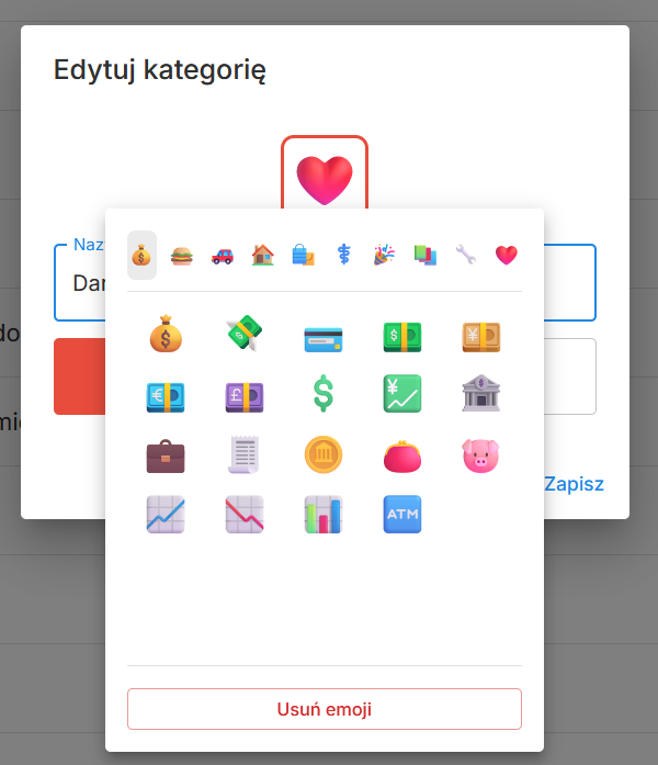 Edytor kategorii z wyborem emoji w Portfeliku