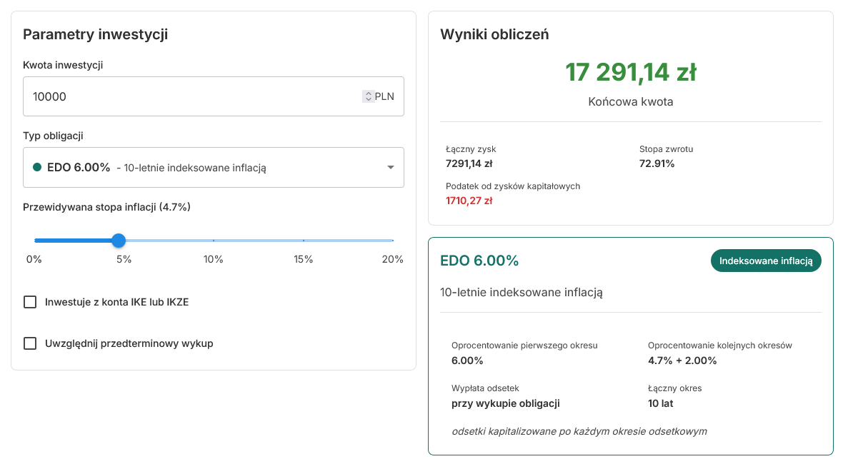 Kalkulator obligacji skarbowych \- widok główny z parametrami inwestycji
