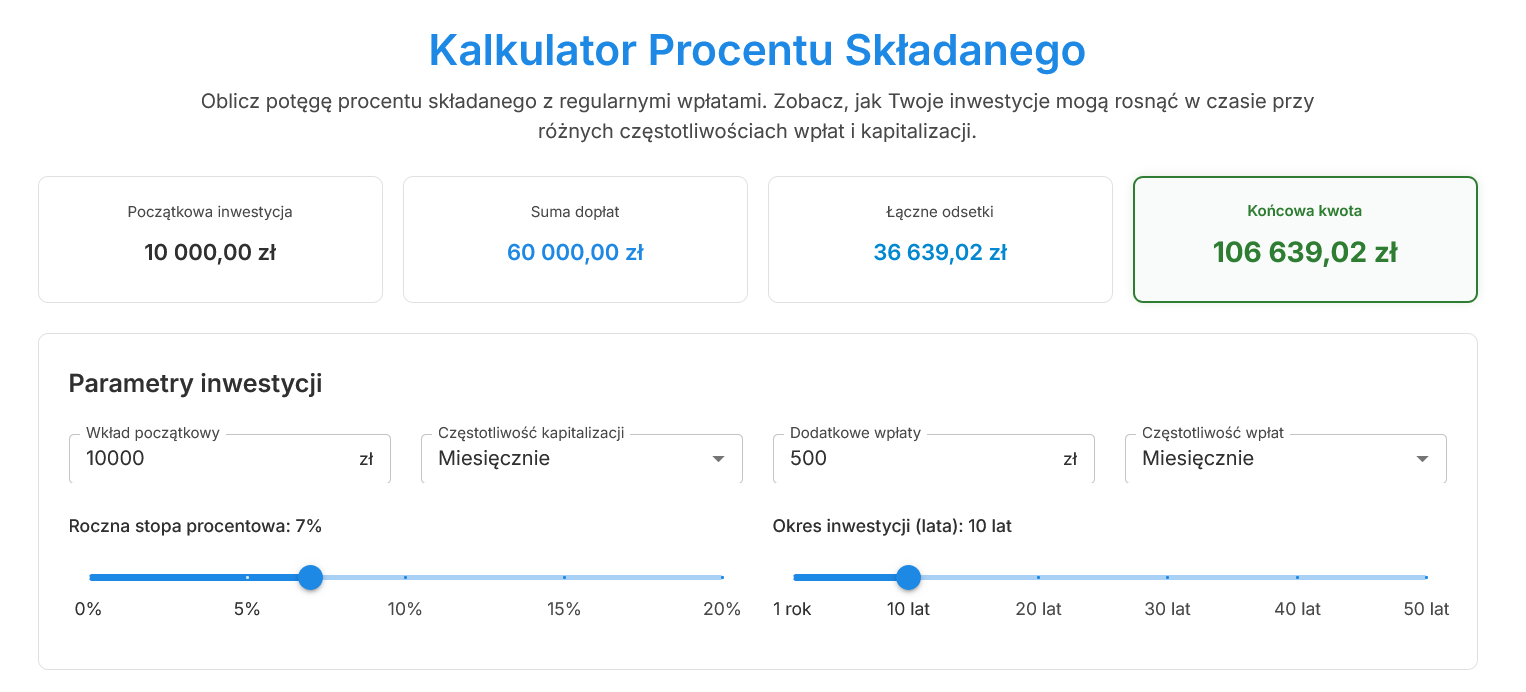 Kalkulator procentu składanego - widok główny z parametrami inwestycji