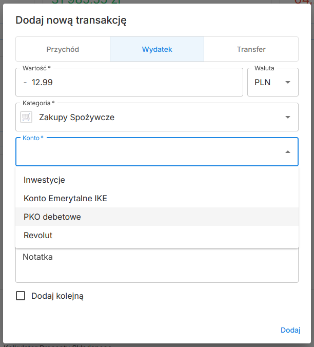 Okno dodawania transakcji z wyborem konta
