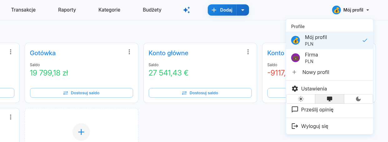 Menu w Portfeliku z dwoma profilami: Mój profil i Firma