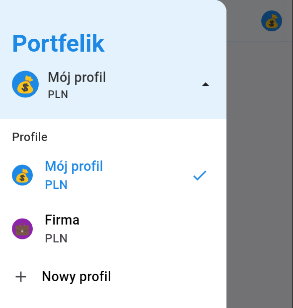 Lista profili w aplikacji mobilnej Portfelik