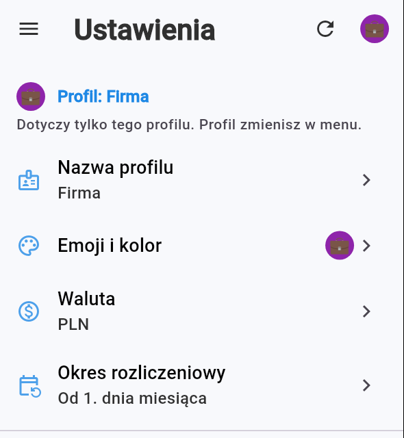 Ustawienia profilu Firma w aplikacji mobilnej Portfelik