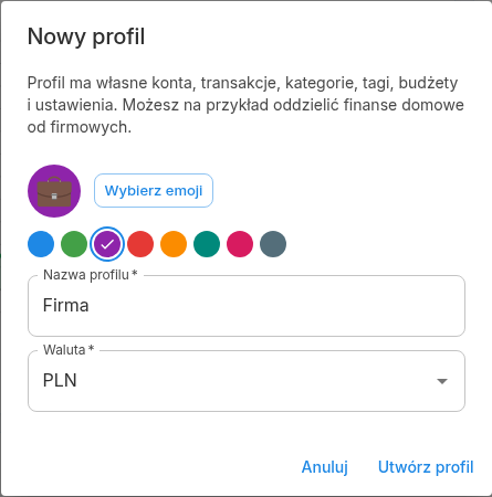 Okno Nowy profil z nazwą Firma, emoji teczki i fioletowym kolorem