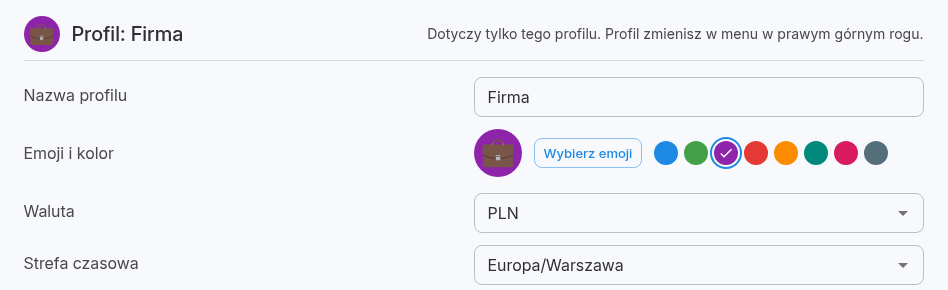 Ustawienia profilu Firma z nazwą, emoji i kolorem, walutą oraz strefą czasową