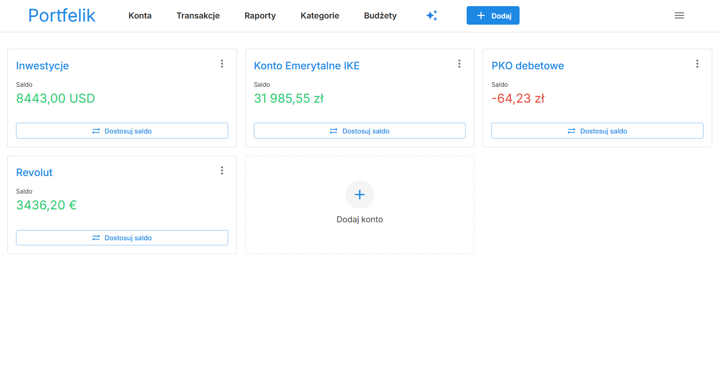 Lista kont w aplikacji Portfelik